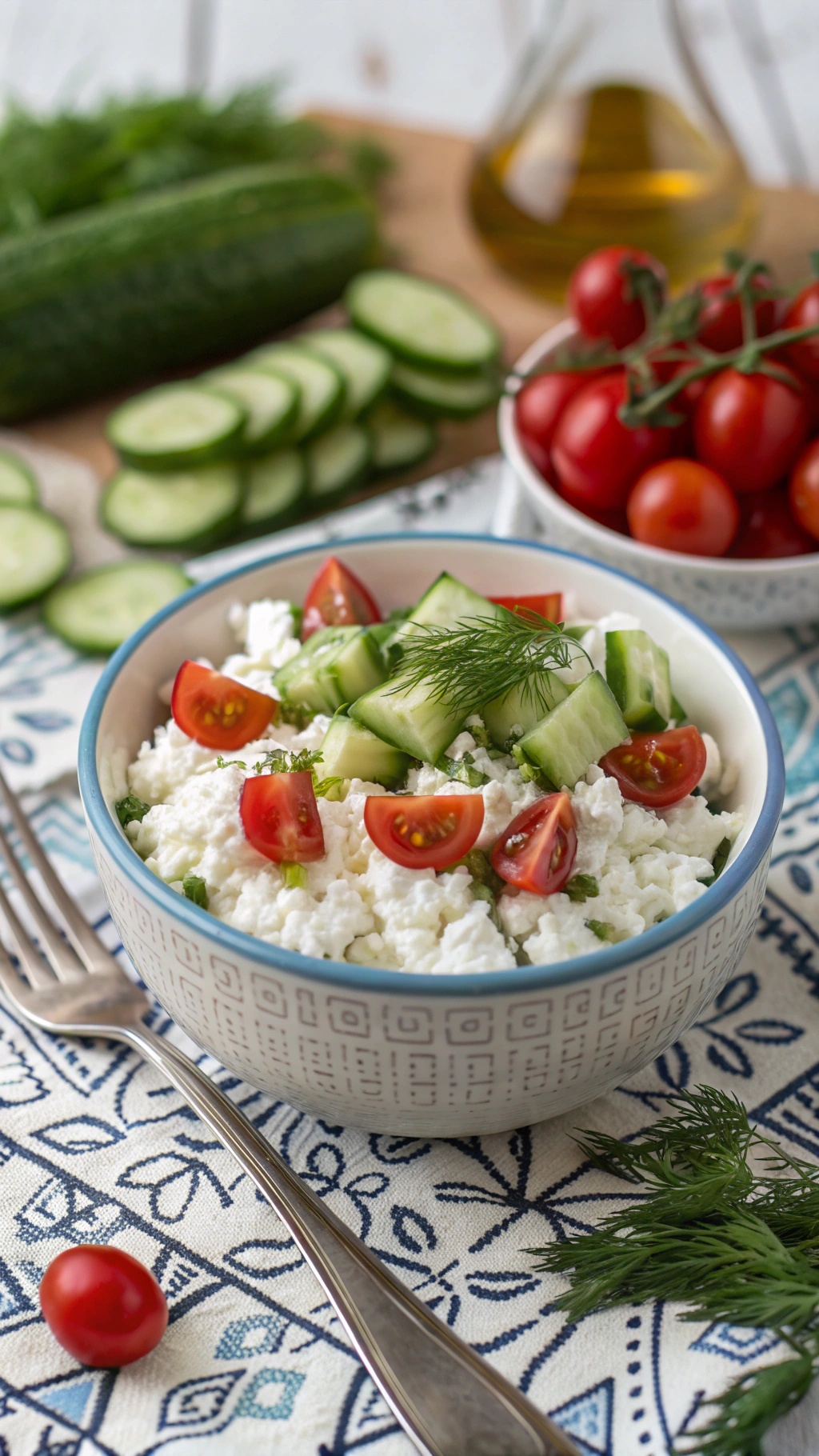 A savory cottage cheese bowl topped with cherry tomatoes, cucumber, and fresh herbs.