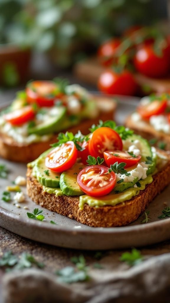 Savory cottage cheese toasts topped with avocado and cherry tomatoes on a plate.
