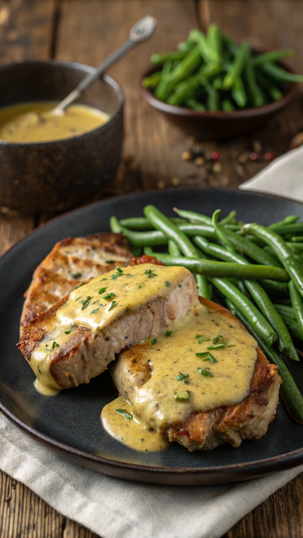 Savory Dijon pork chops with creamy sauce and green beans on a plate.