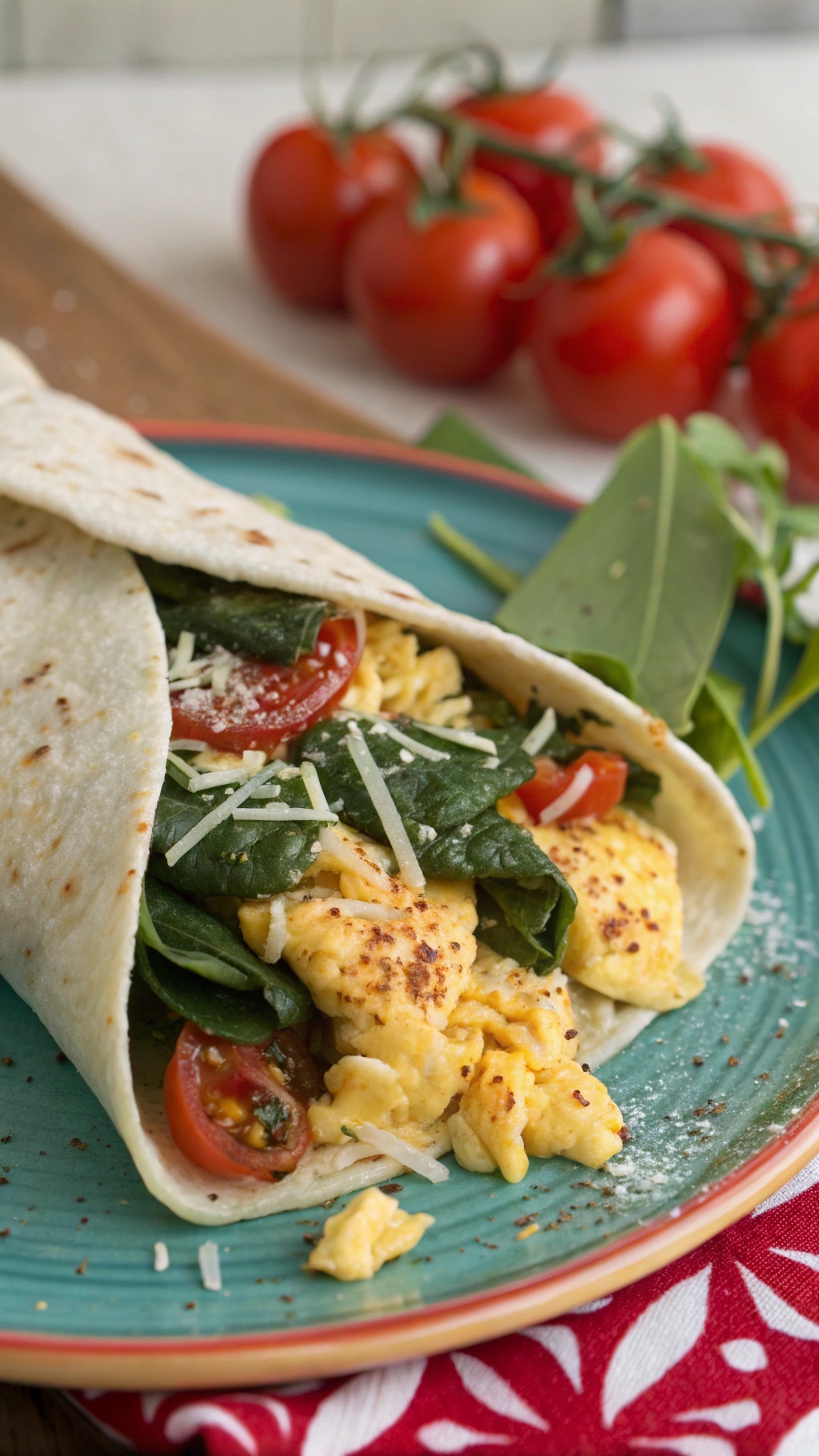 Savory egg and spinach wraps on a plate with cherry tomatoes in the background.