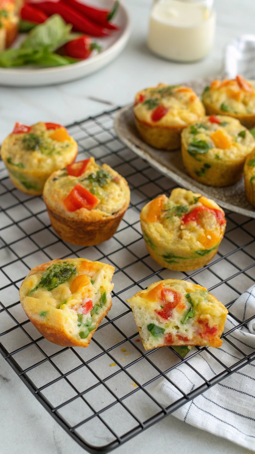 Savory egg muffins with colorful vegetables on a cooling rack.