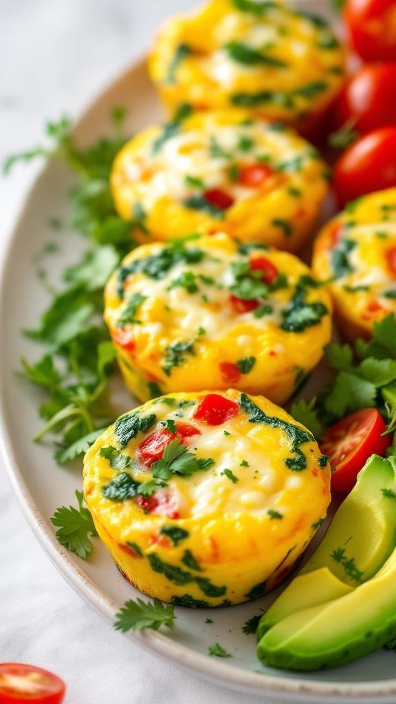 Savory egg muffins with spinach, red bell pepper, and cheese, garnished with fresh herbs, served on a plate.