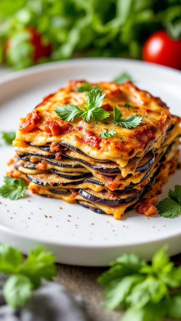 A delicious stack of savory eggplant lasagna with layers of cheese and marinara sauce, garnished with fresh herbs.