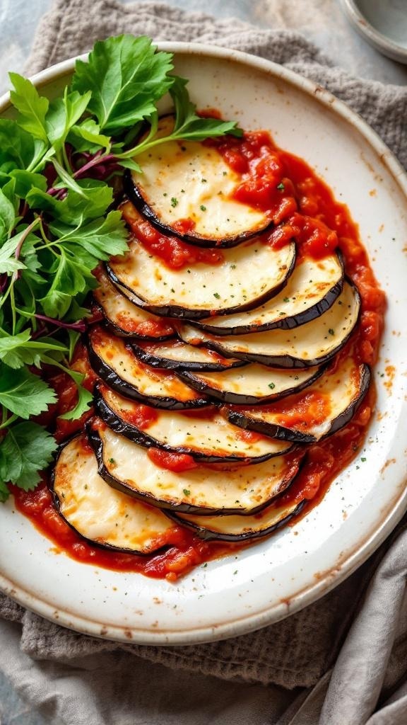 A plate of savory eggplant lasagna with marinara sauce and fresh herbs.