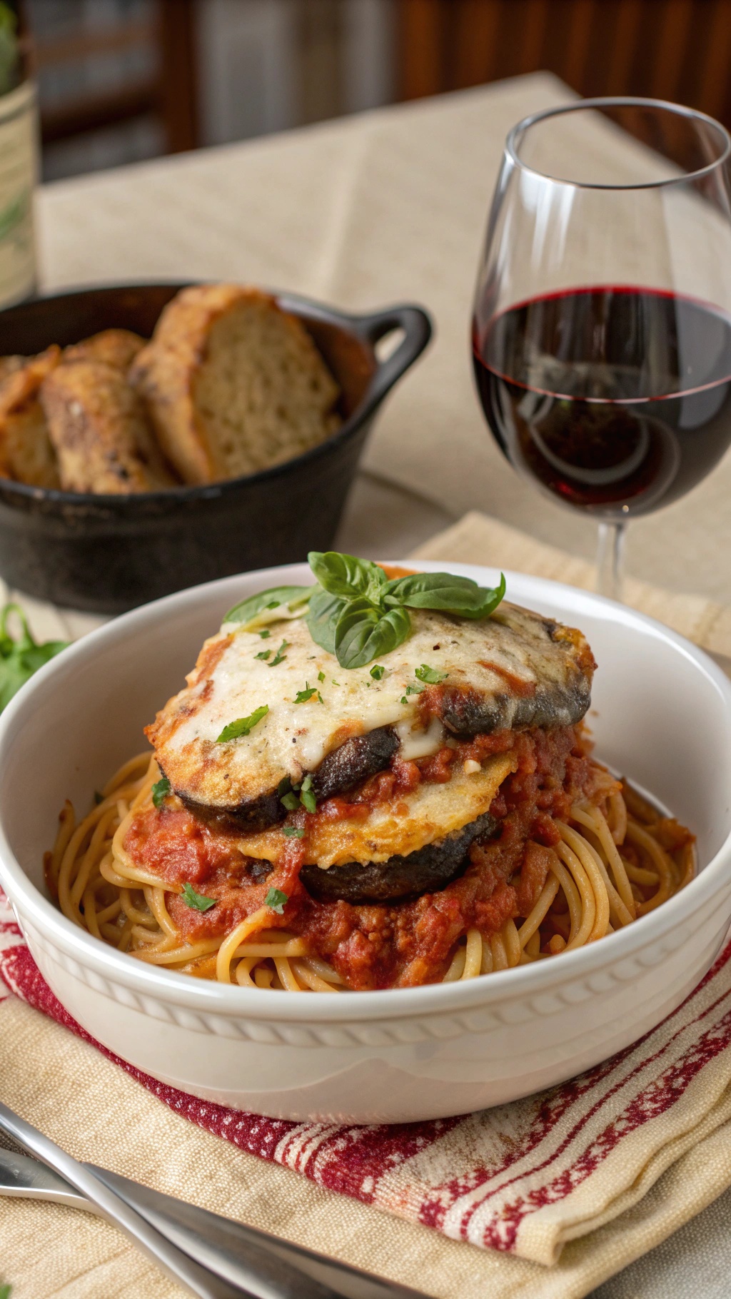 A bowl of spaghetti topped with eggplant Parmesan, garnished with basil, alongside a glass of red wine and crusty bread.