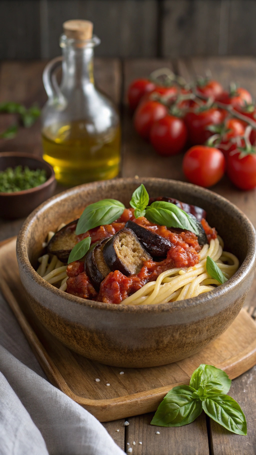A bowl of eggplant pasta topped with tomato basil sauce, garnished with fresh basil leaves.