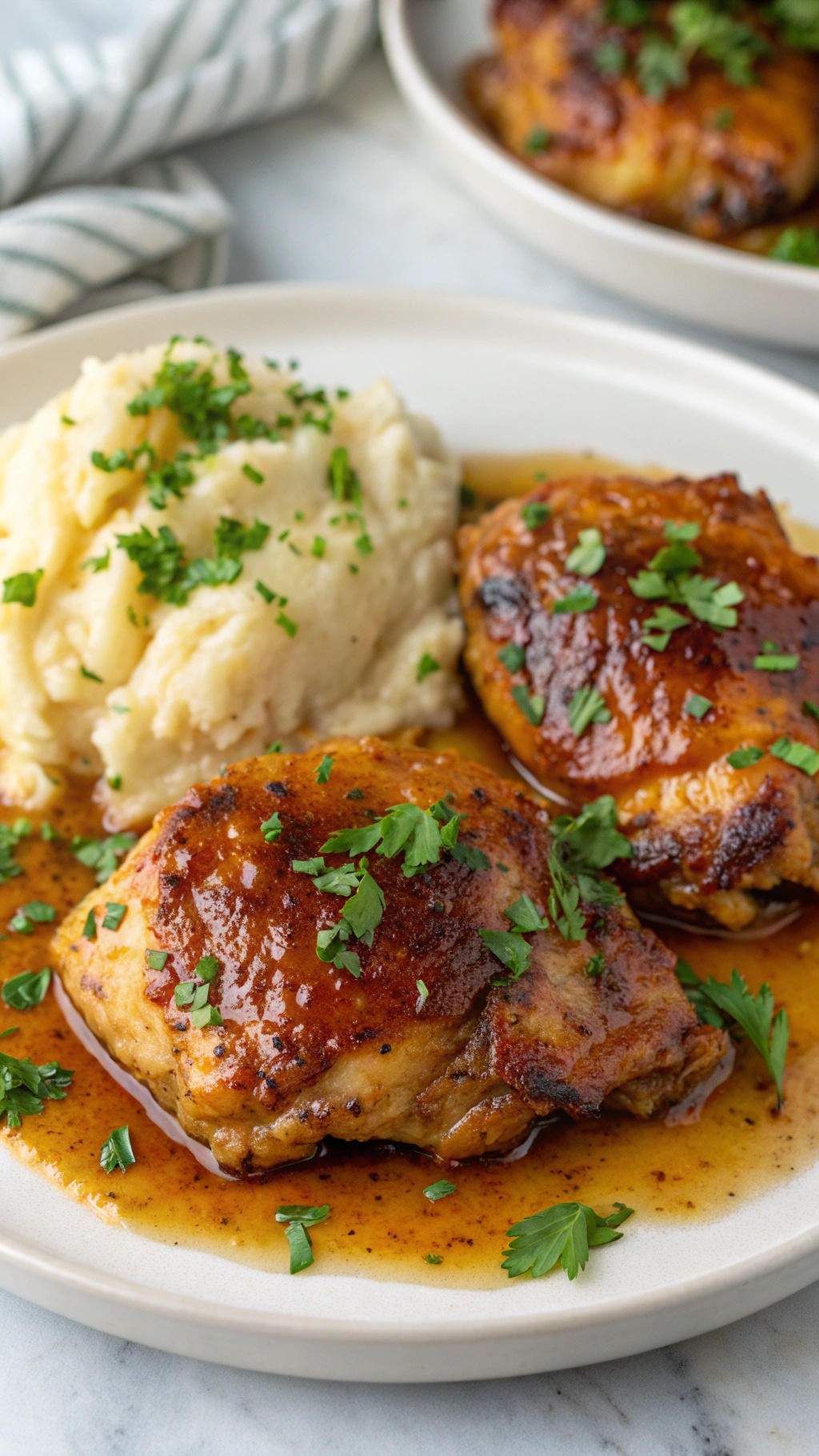 Savory garlic butter chicken thighs served with mashed potatoes and garnished with parsley.