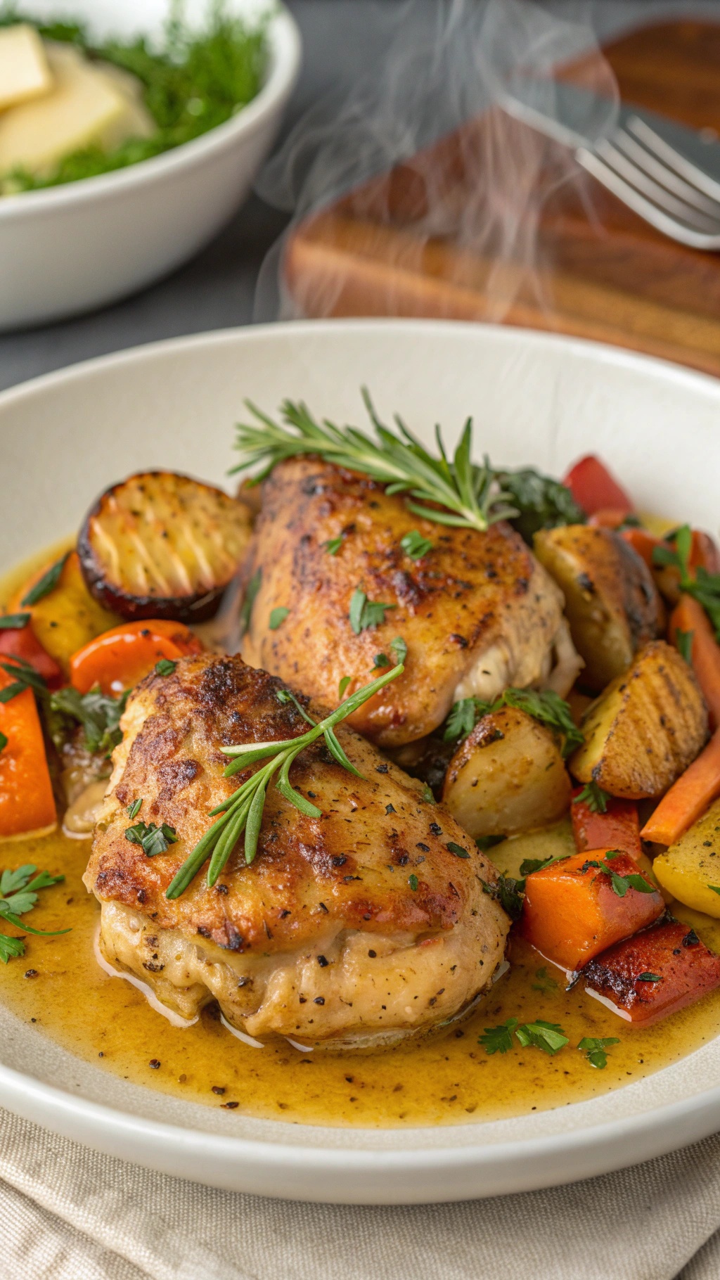 Savory garlic butter chicken thighs served with roasted vegetables