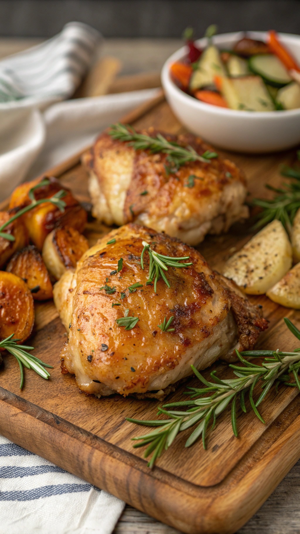 Savory garlic butter chicken thighs with herbs, served with roasted vegetables on a wooden board.