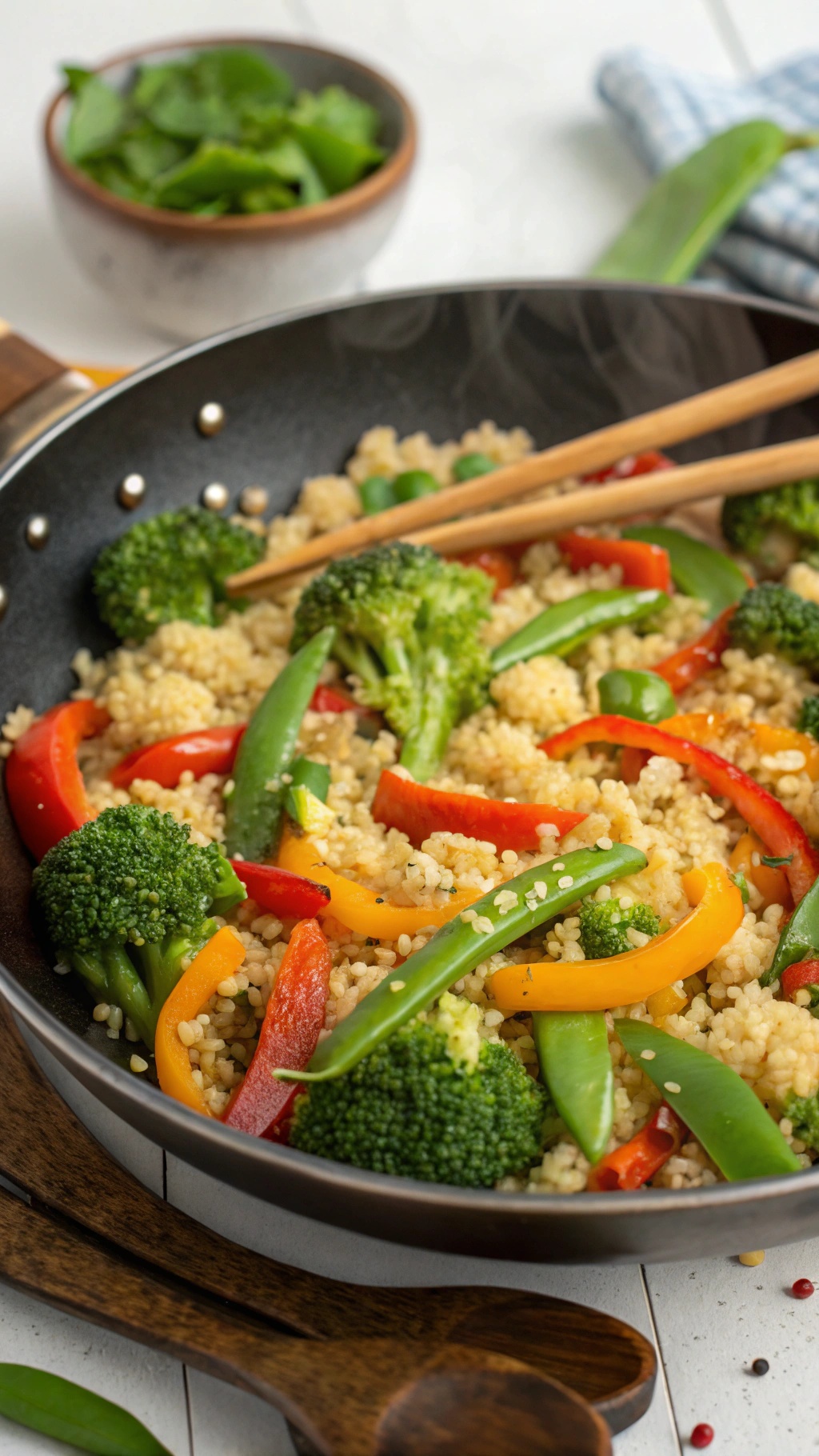 A colorful stir-fry with cauliflower rice, broccoli, bell peppers, and snap peas in a skillet.