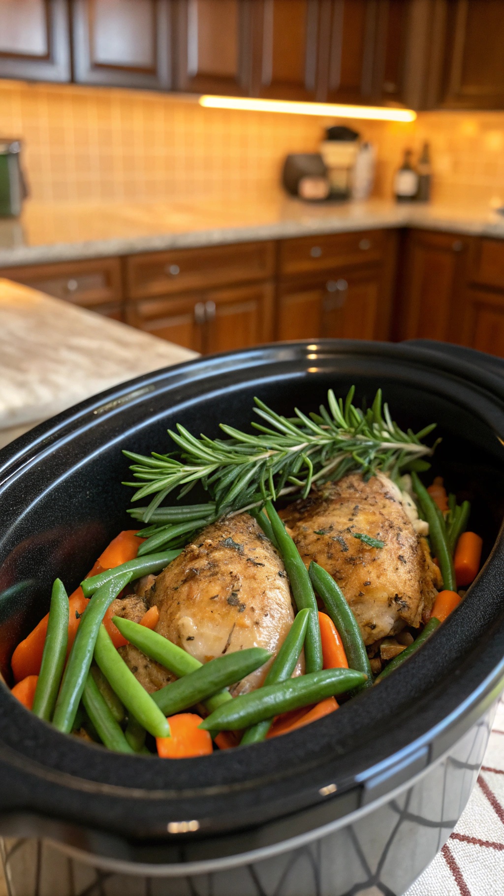 Crock pot with garlic herb chicken and mixed vegetables