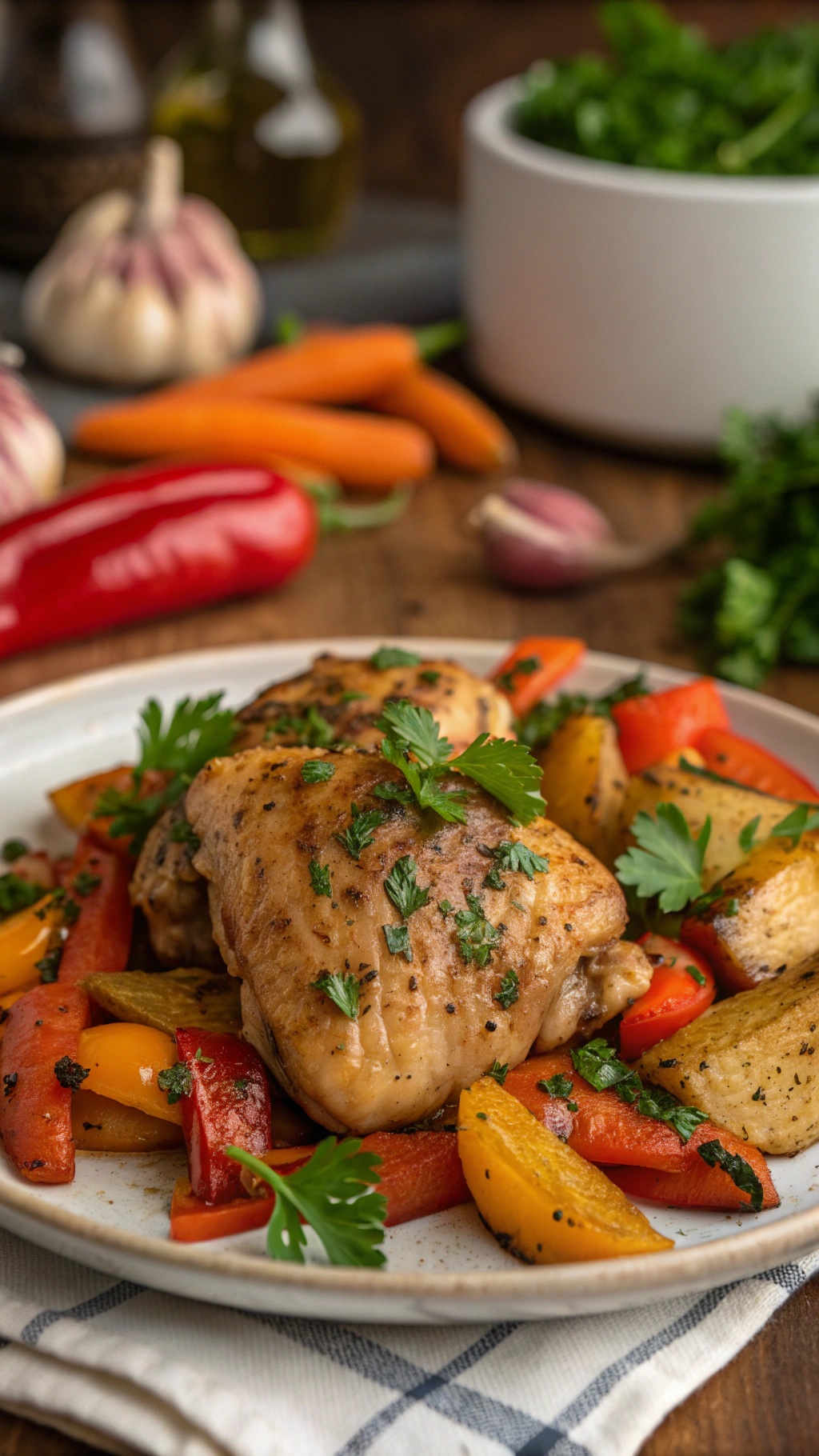 A plate of savory garlic herb chicken thighs with colorful bell peppers and potatoes, garnished with fresh herbs.