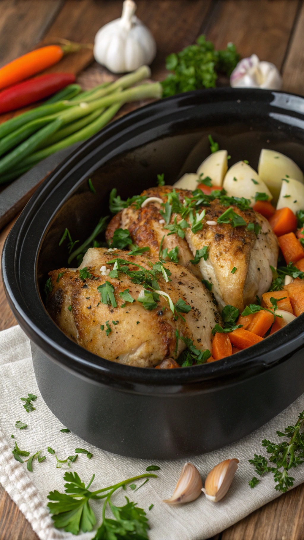 Crockpot with savory garlic herb chicken and vegetables