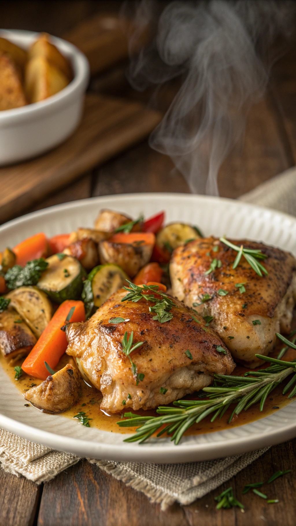 Savory garlic herb chicken thighs served with colorful roasted vegetables.