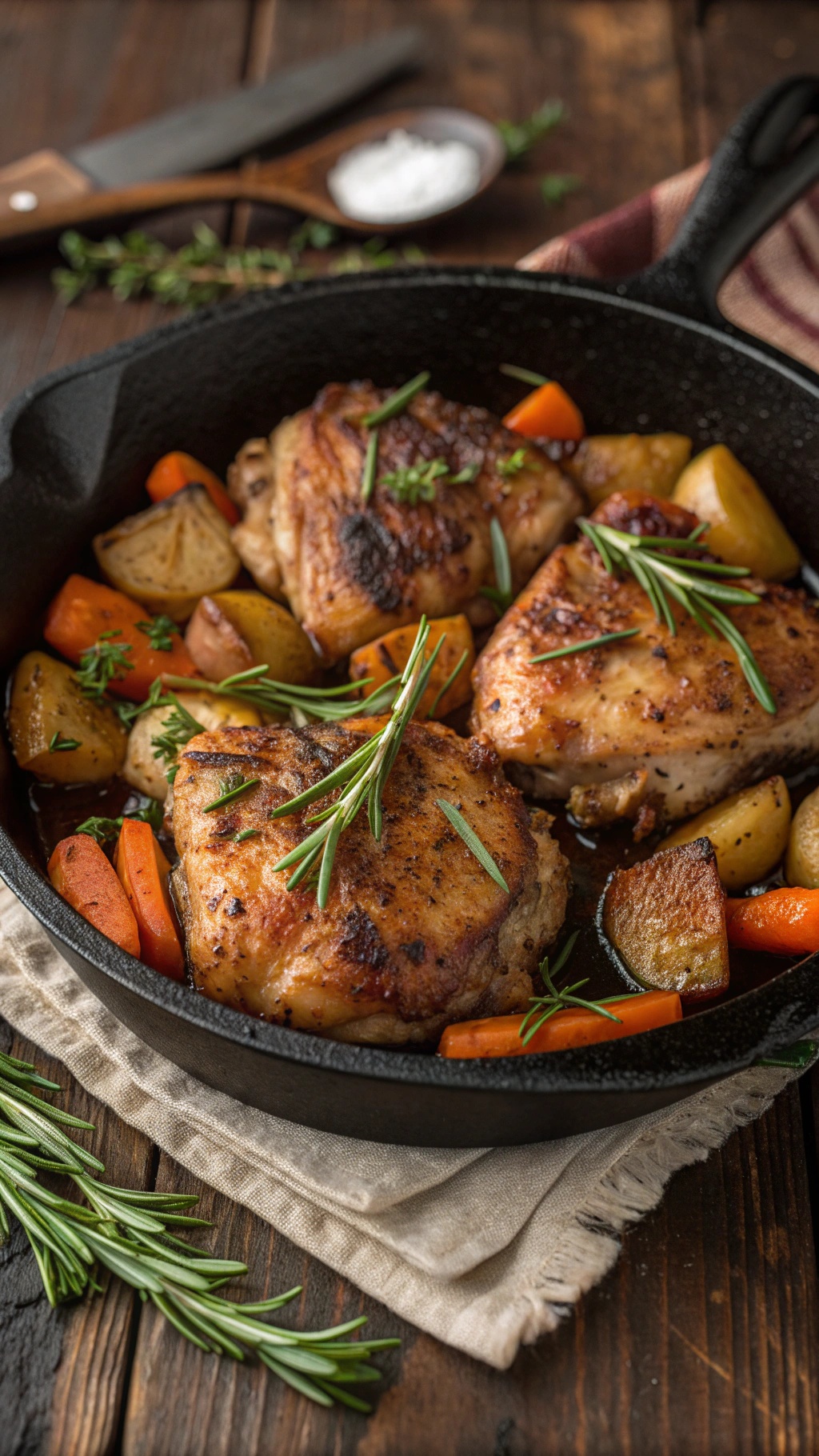 Savory garlic herb chicken thighs with vegetables in a skillet