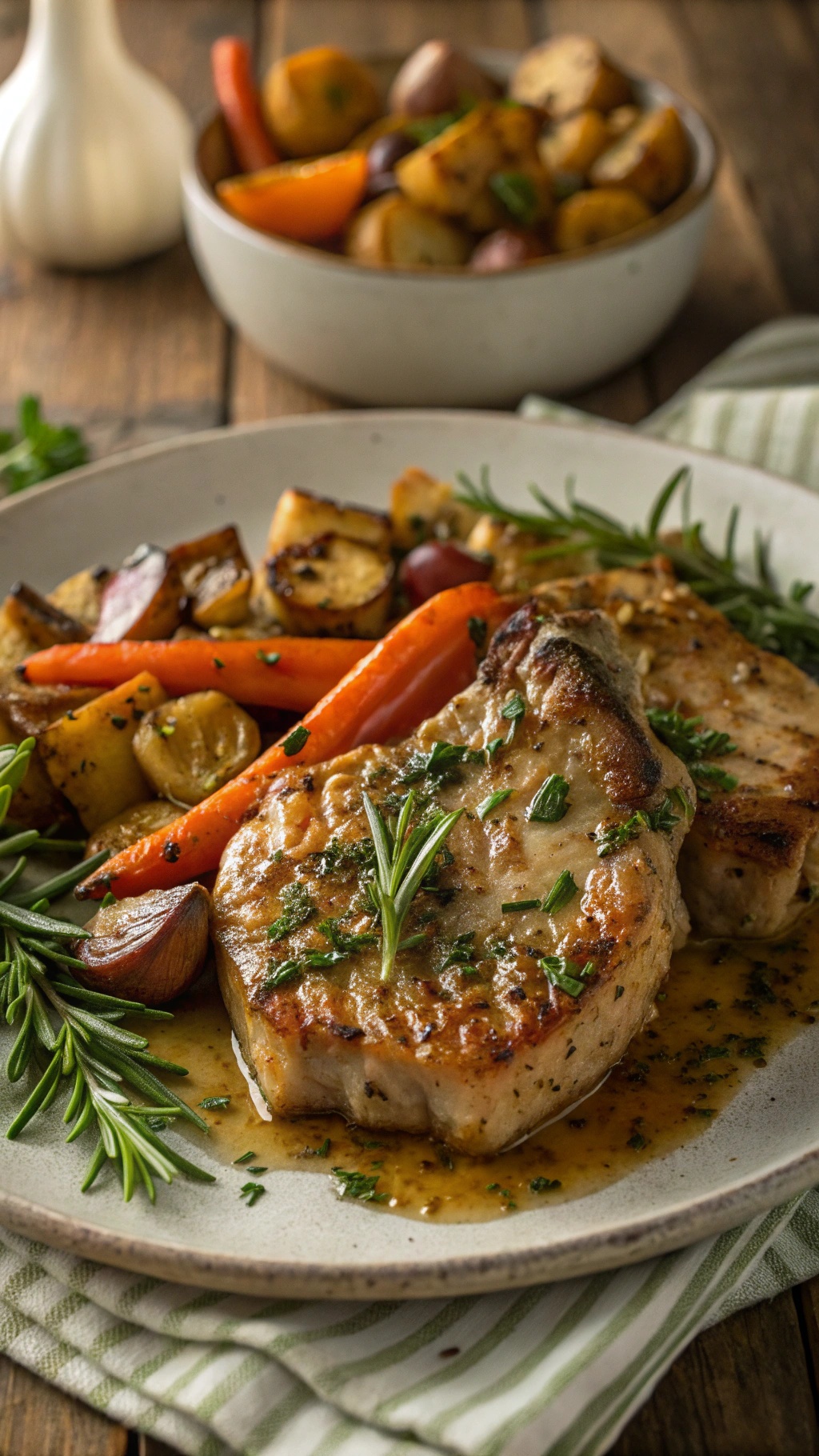 Savory garlic herb pork chops with roasted vegetables on a plate