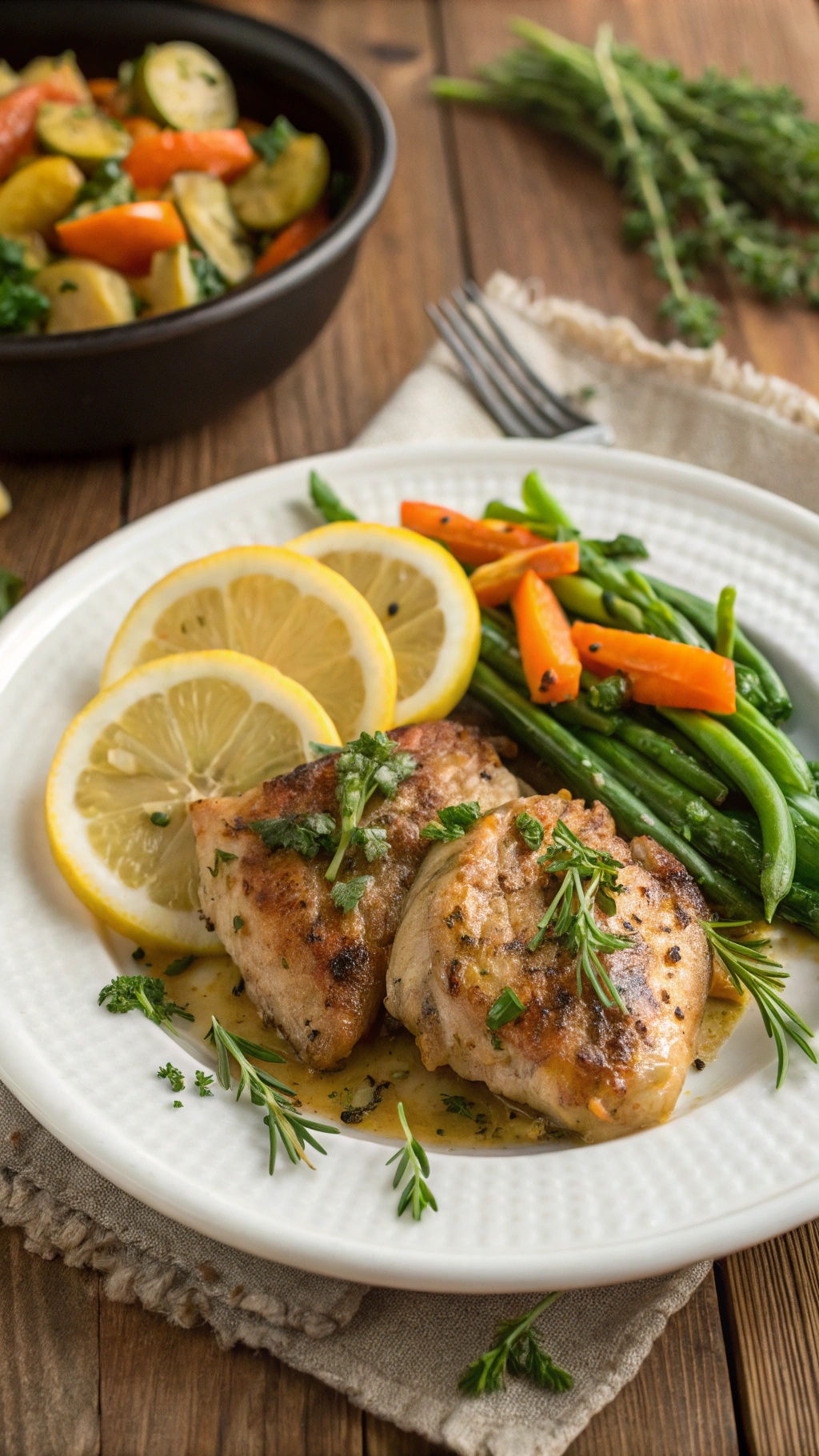 Savory garlic lemon chicken thighs served with roasted vegetables on a plate.