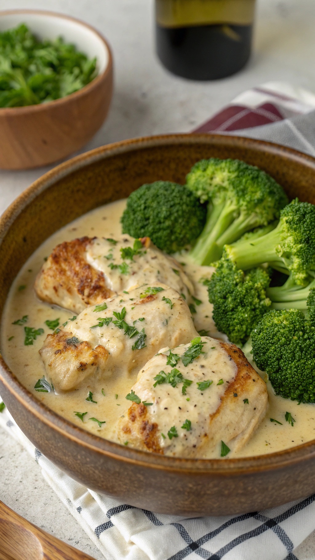 A bowl of savory garlic parmesan chicken with broccoli, garnished with parsley.