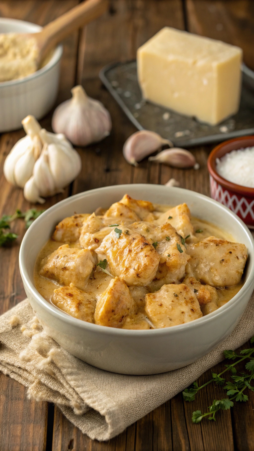 A bowl of savory garlic parmesan chicken with garlic cloves and cheese in the background.