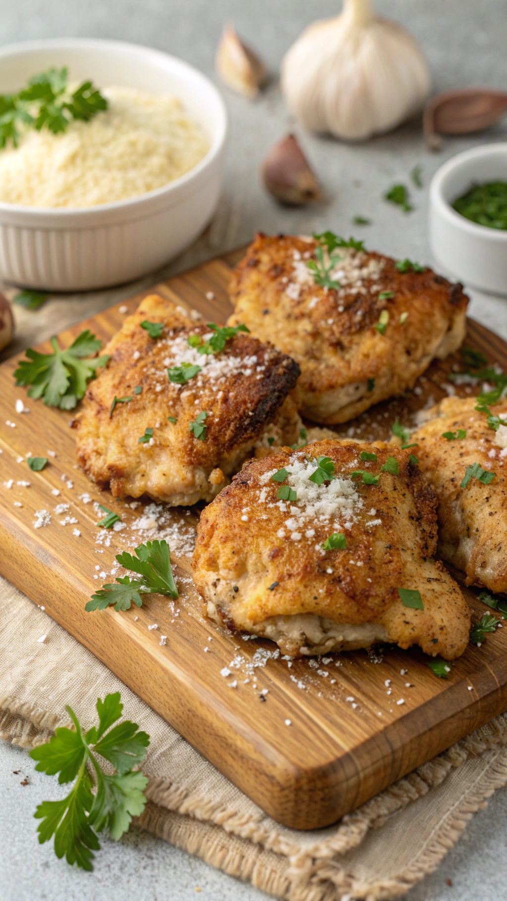 Savory Garlic Parmesan Chicken Thighs on a wooden board with garlic and parsley