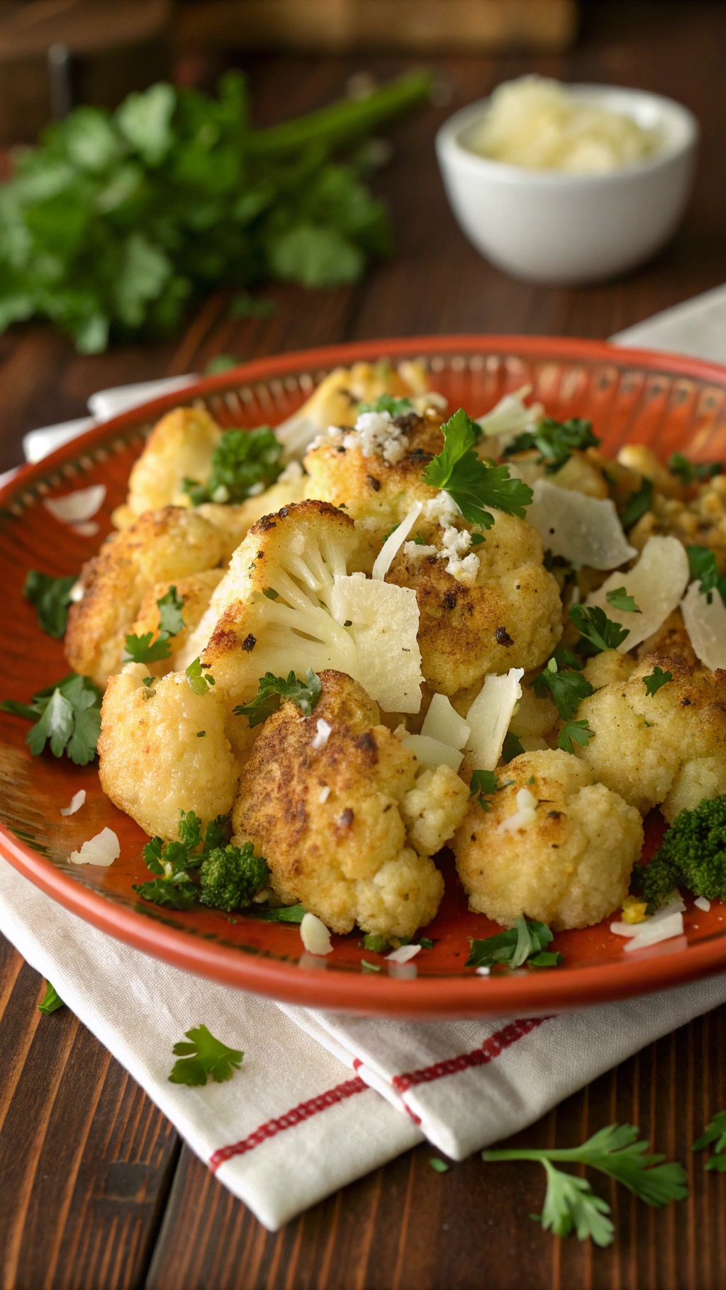 Savory Garlic Parmesan Roasted Cauliflower on a plate with parsley and cheese shavings.