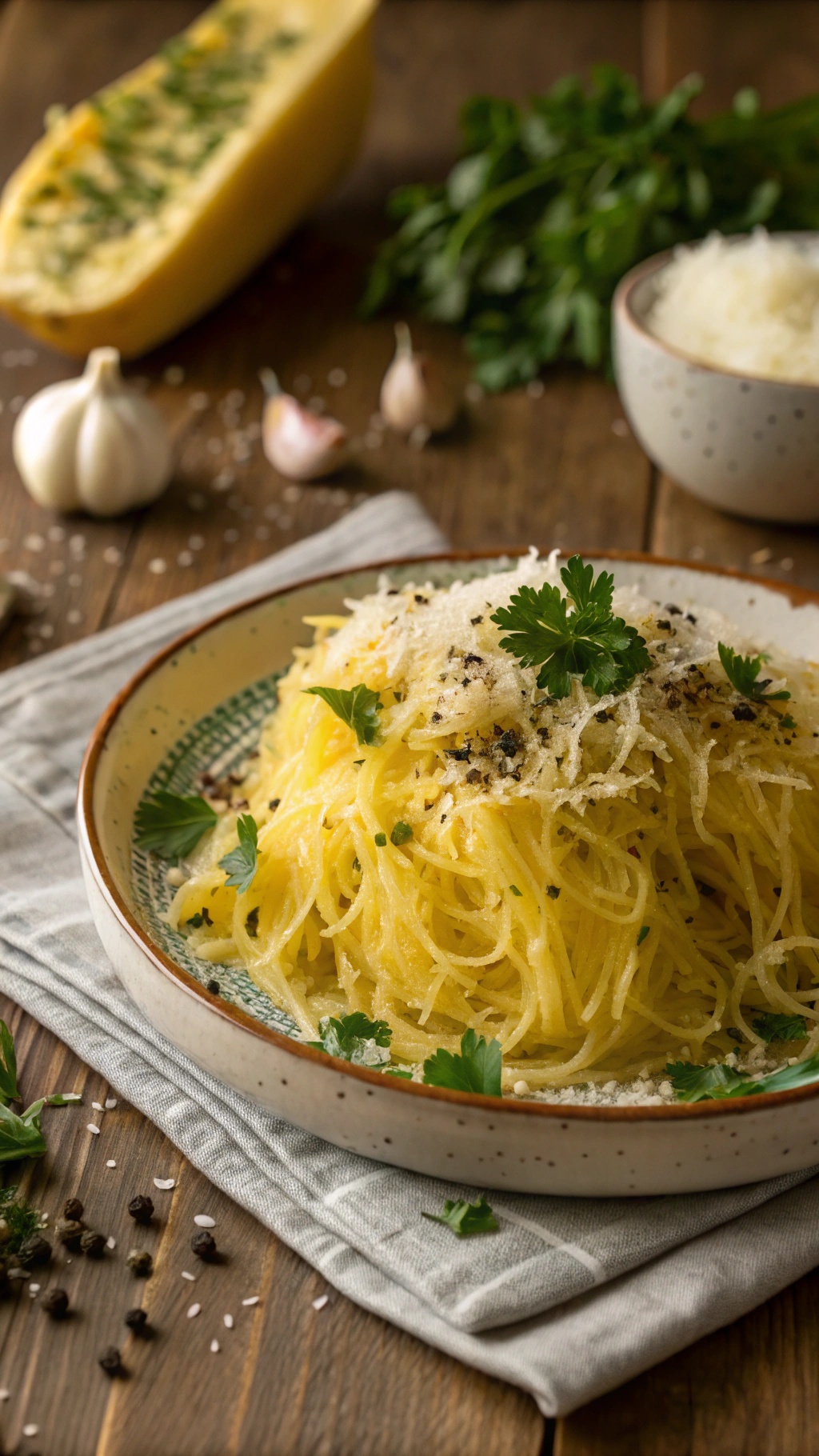 A delicious plate of spaghetti squash topped with garlic, parmesan cheese, and fresh herbs.