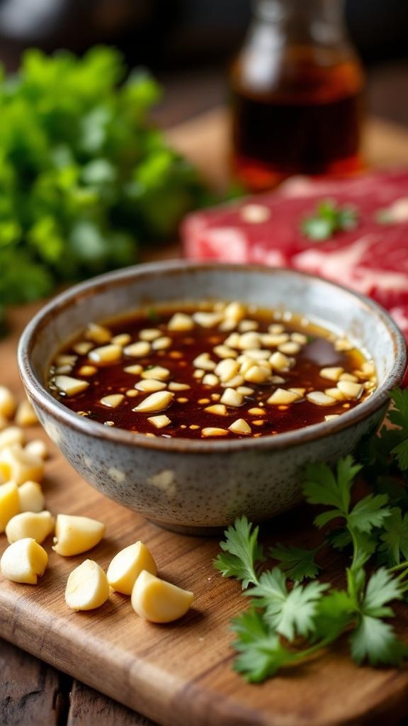 A bowl of garlic soy marinade with chopped garlic and fresh cilantro on a wooden cutting board.
