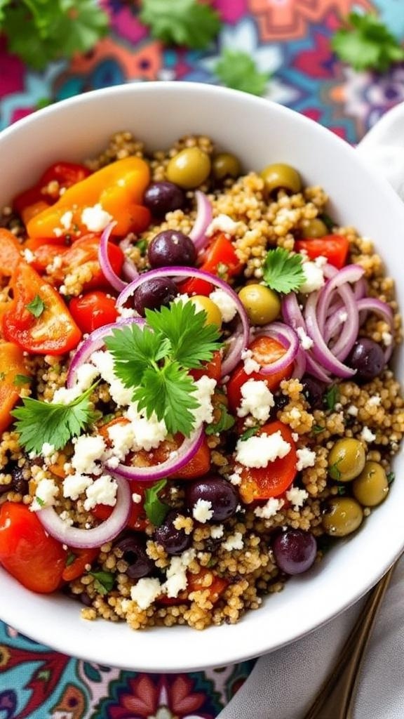 A colorful Greek quinoa bowl with cherry tomatoes, olives, bell peppers, red onion, and feta cheese.