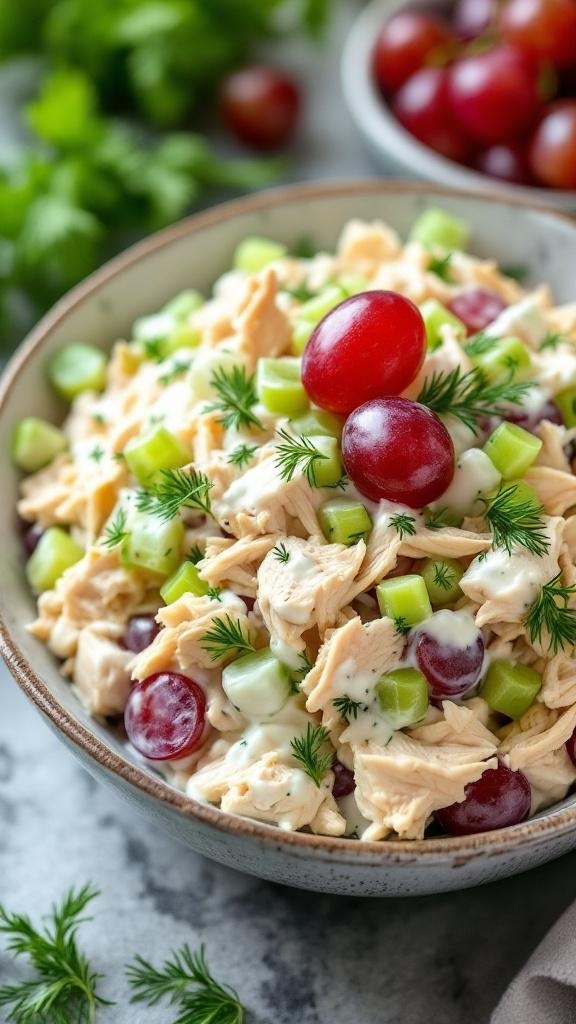 A bowl of Greek yogurt chicken salad with grapes and celery, garnished with fresh dill.