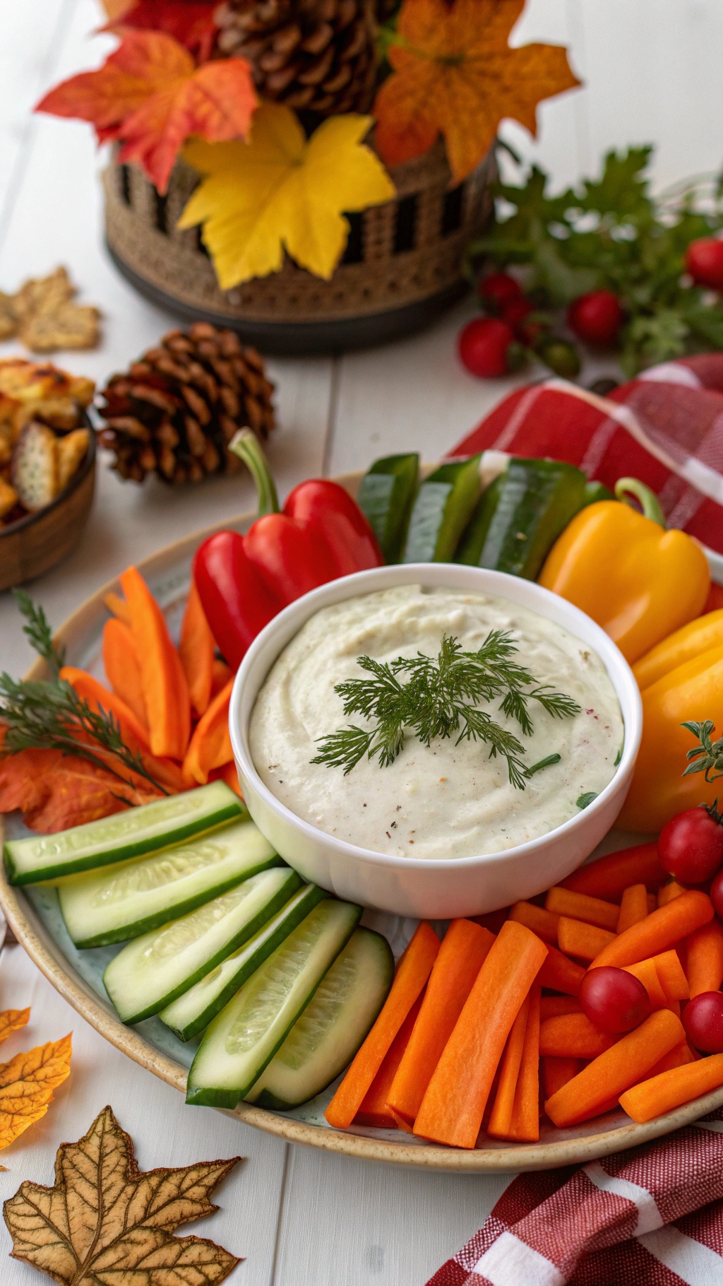 A colorful platter of fresh vegetables with a creamy Greek yogurt dip in the center, perfect for a healthy Thanksgiving appetizer.