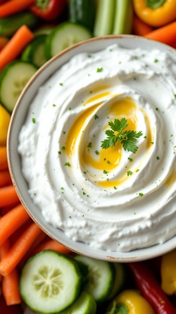 A bowl of creamy Greek yogurt dip surrounded by colorful fresh vegetables.