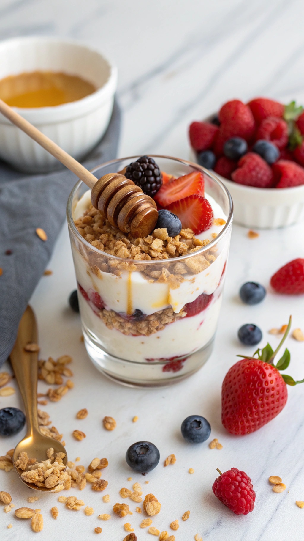 A delicious Greek yogurt parfait with layers of yogurt, berries, and granola, topped with honey.