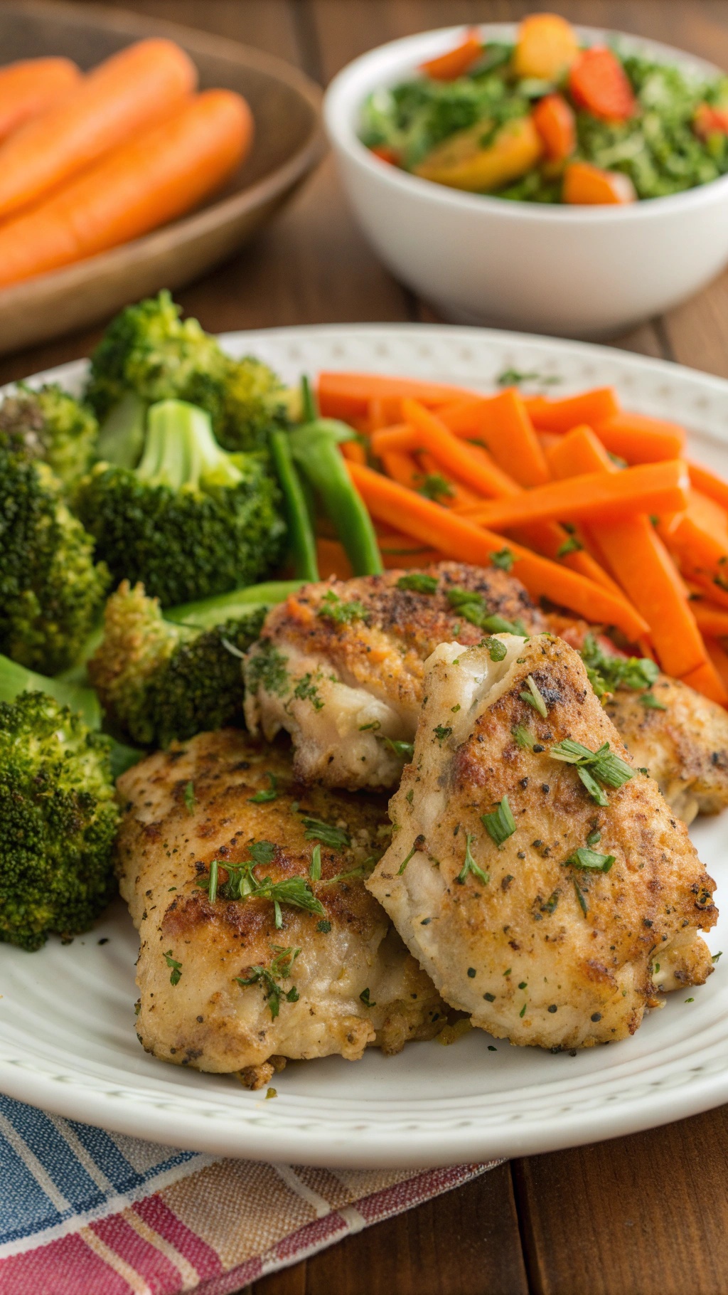Plate of herb-crusted chicken thighs with broccoli and carrots