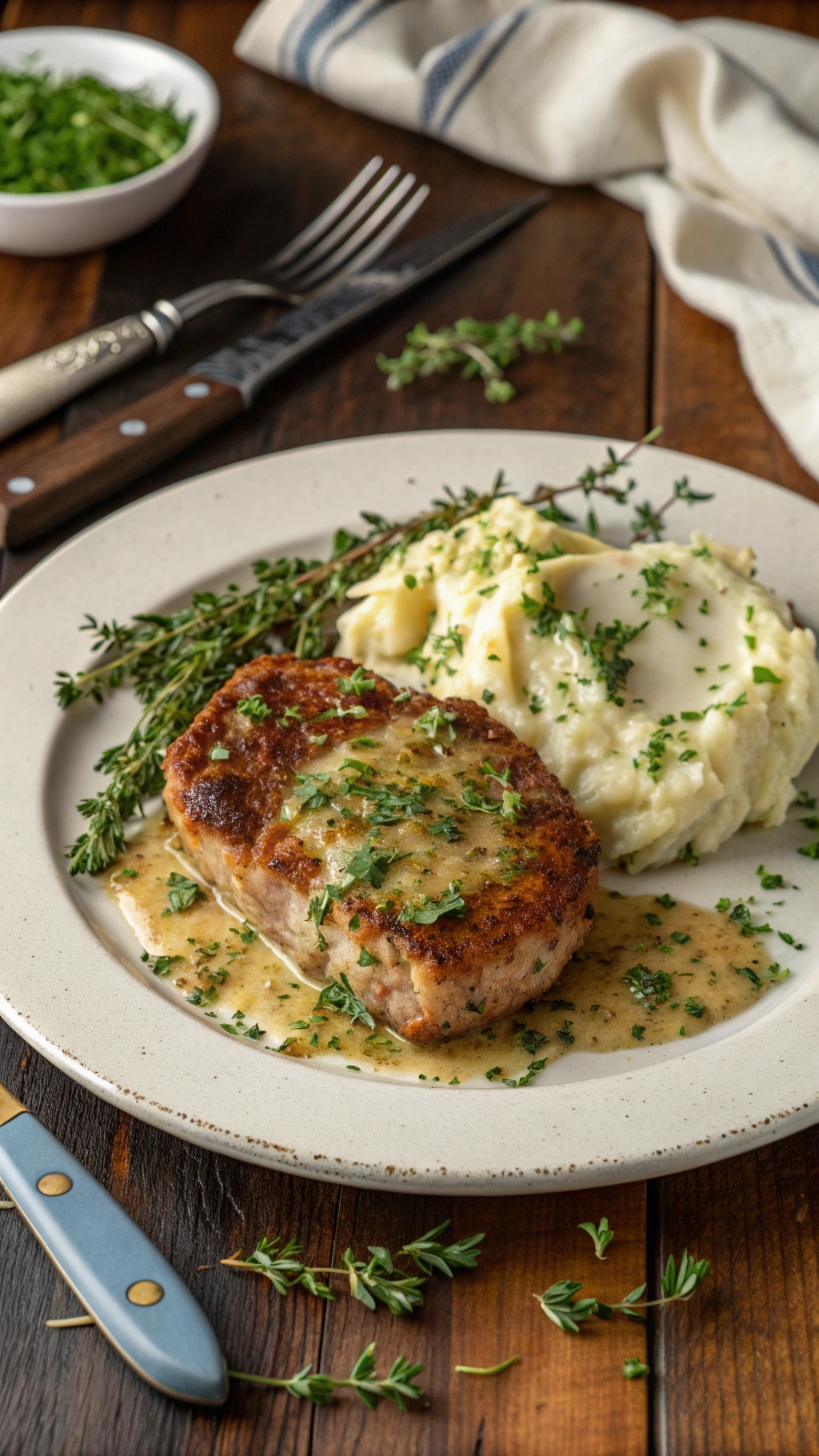 Savory herb-crusted pork chops served with garlic mashed potatoes, garnished with fresh herbs on a wooden table.