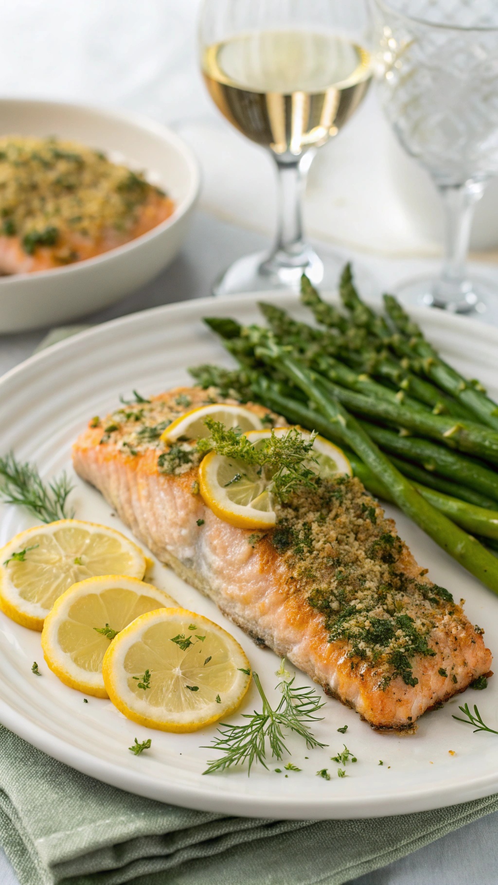 Herb-crusted salmon fillet with lemon slices and asparagus
