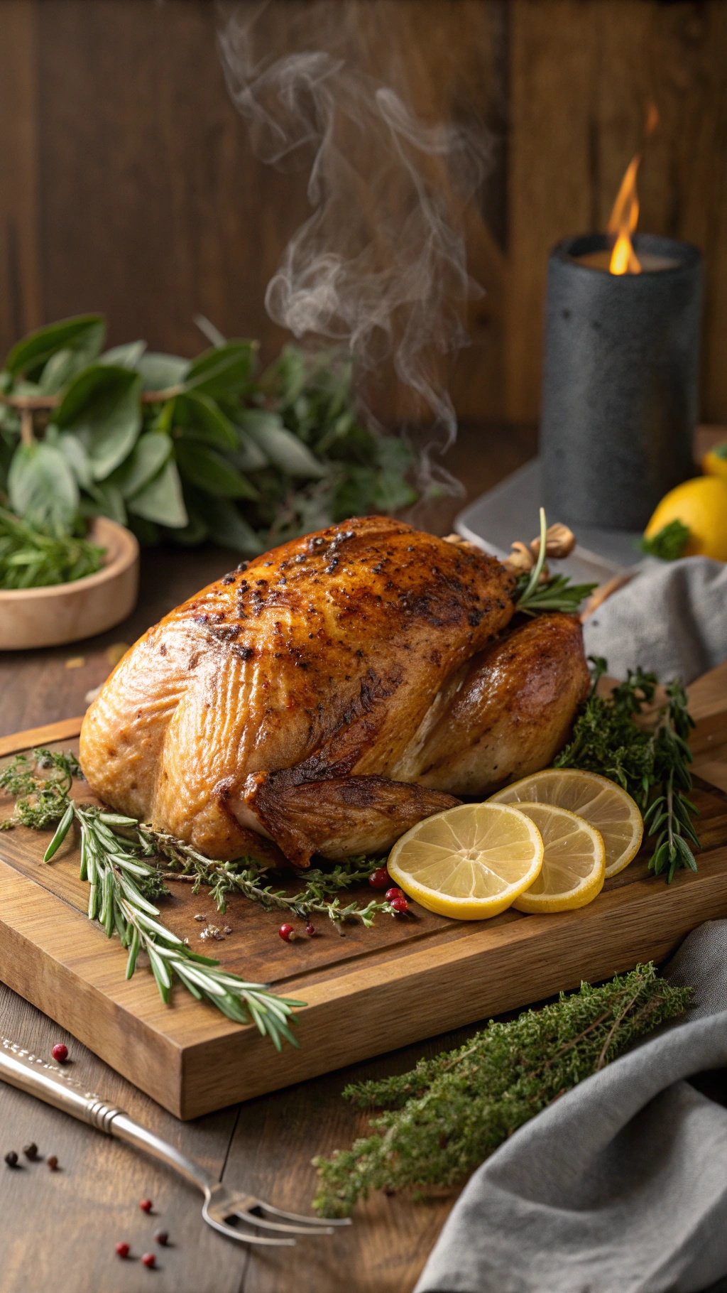 A beautifully roasted turkey breast garnished with herbs and lemon slices, set on a wooden board.