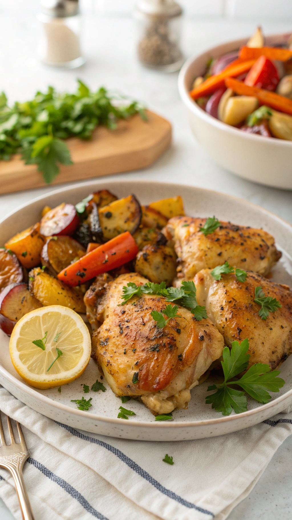 Savory Herb and Garlic Baked Chicken Thighs with roasted vegetables and lemon slices
