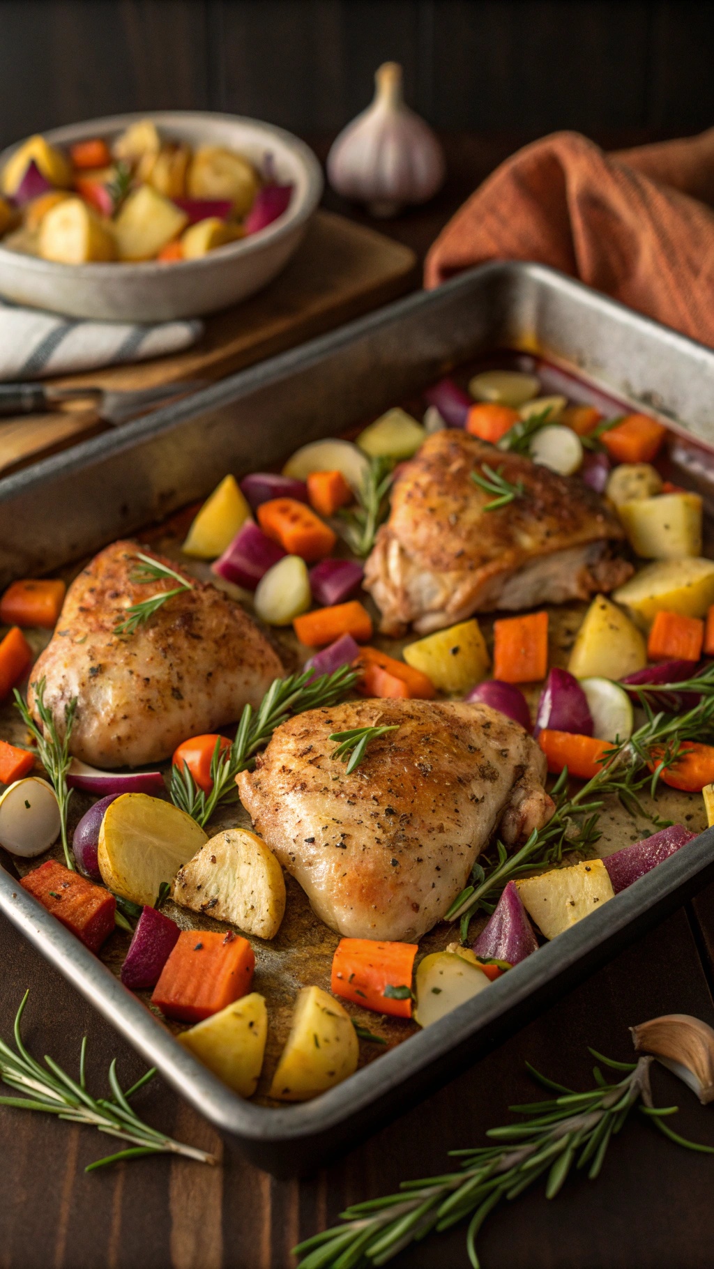 Savory herb chicken with root vegetables on a sheet pan