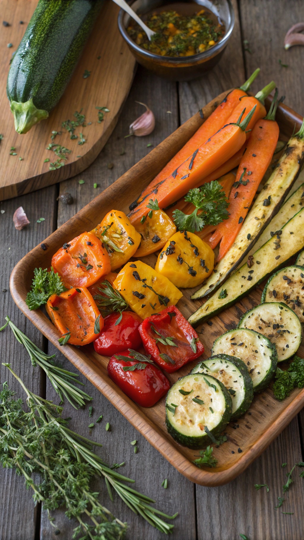 A wooden platter filled with colorful roasted vegetables including bell peppers, zucchini, and carrots, garnished with herbs.