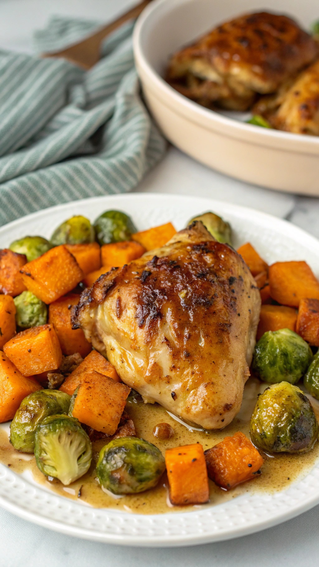 Savory Honey Mustard Chicken Thighs served with roasted butternut squash and Brussels sprouts.