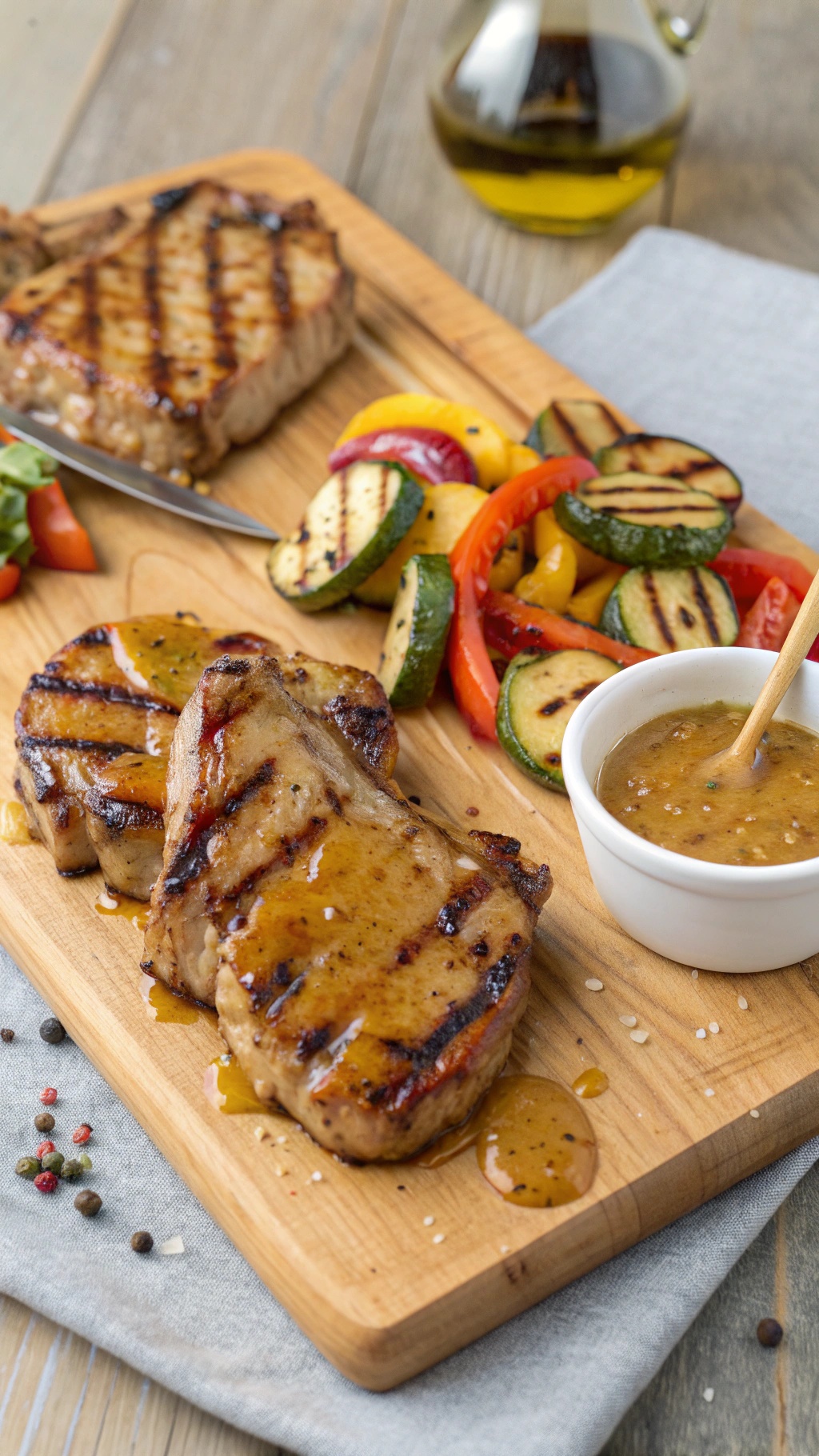 Grilled pork chops with honey mustard glaze served with colorful grilled vegetables on a wooden platter.
