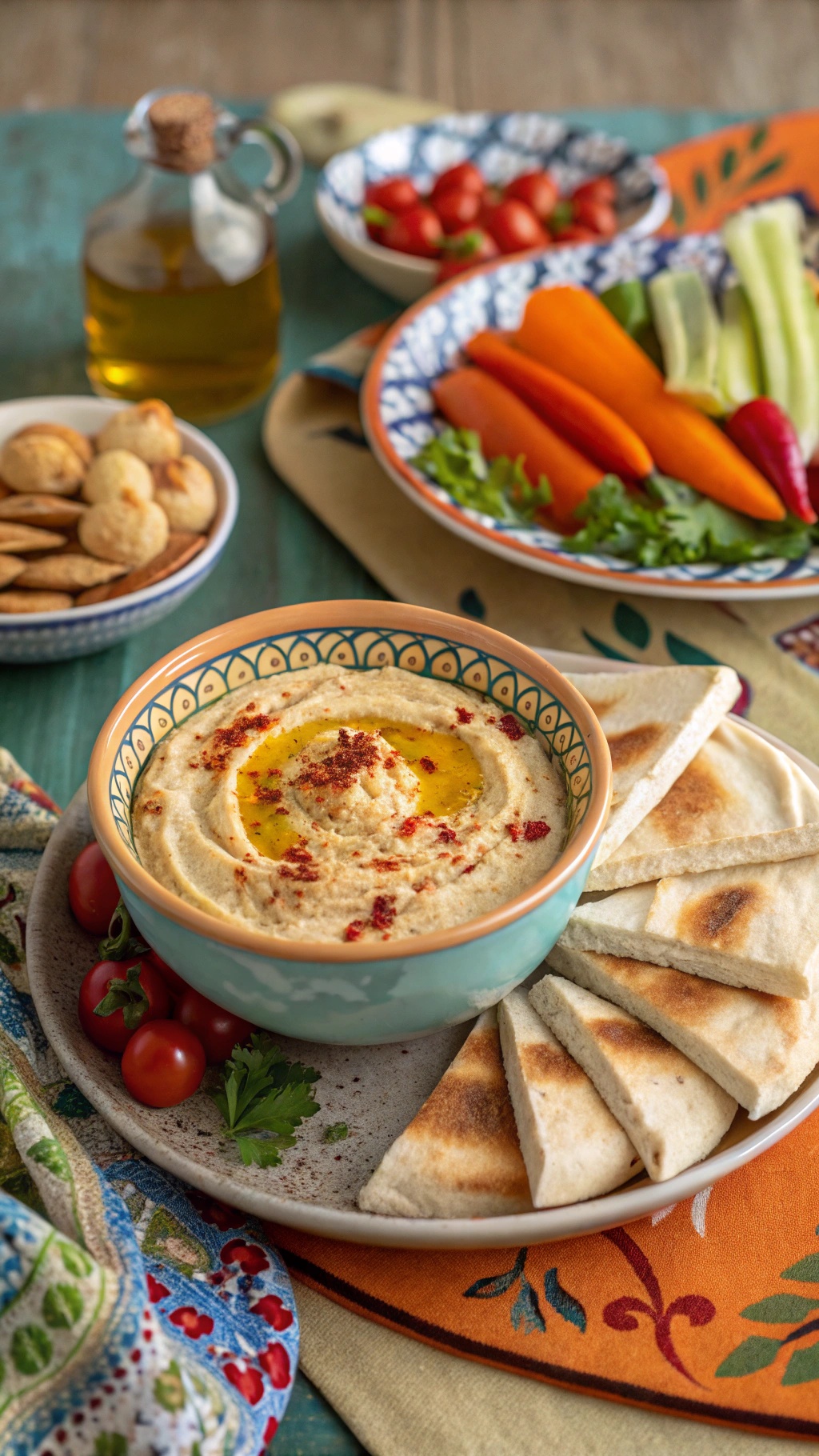 A bowl of hummus garnished with olive oil and paprika, surrounded by fresh vegetables and pita bread.