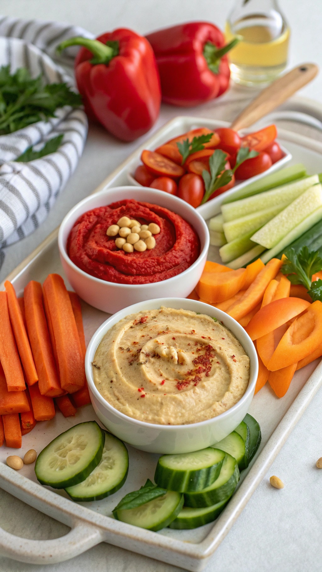 A colorful platter with two types of hummus and fresh vegetables for dipping.