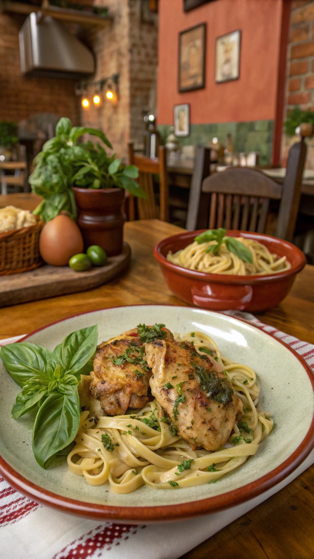 Savory Italian Herb Chicken Thighs served with fettuccine pasta and garnished with basil.