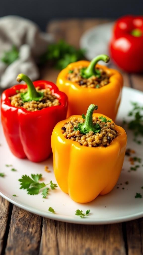 Colorful stuffed peppers filled with lentils and quinoa on a plate