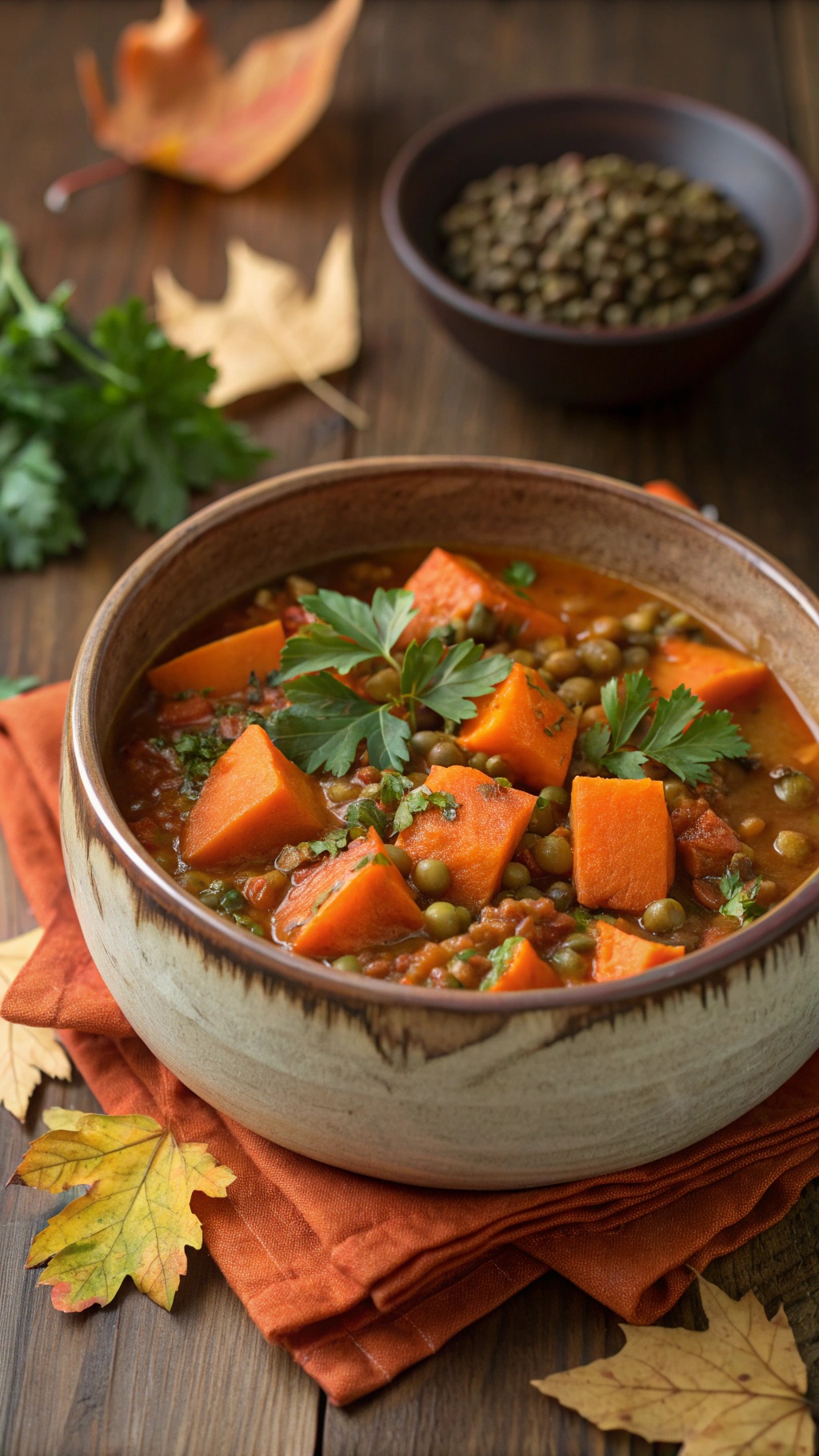 A cozy bowl of lentil and sweet potato stew with fresh herbs, surrounded by autumn leaves.
