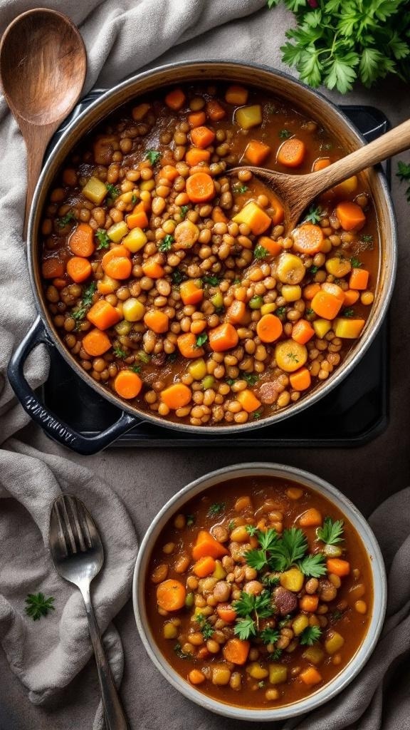 A hearty lentil and vegetable stew in a pot, garnished with fresh parsley, with a bowl of stew beside it.