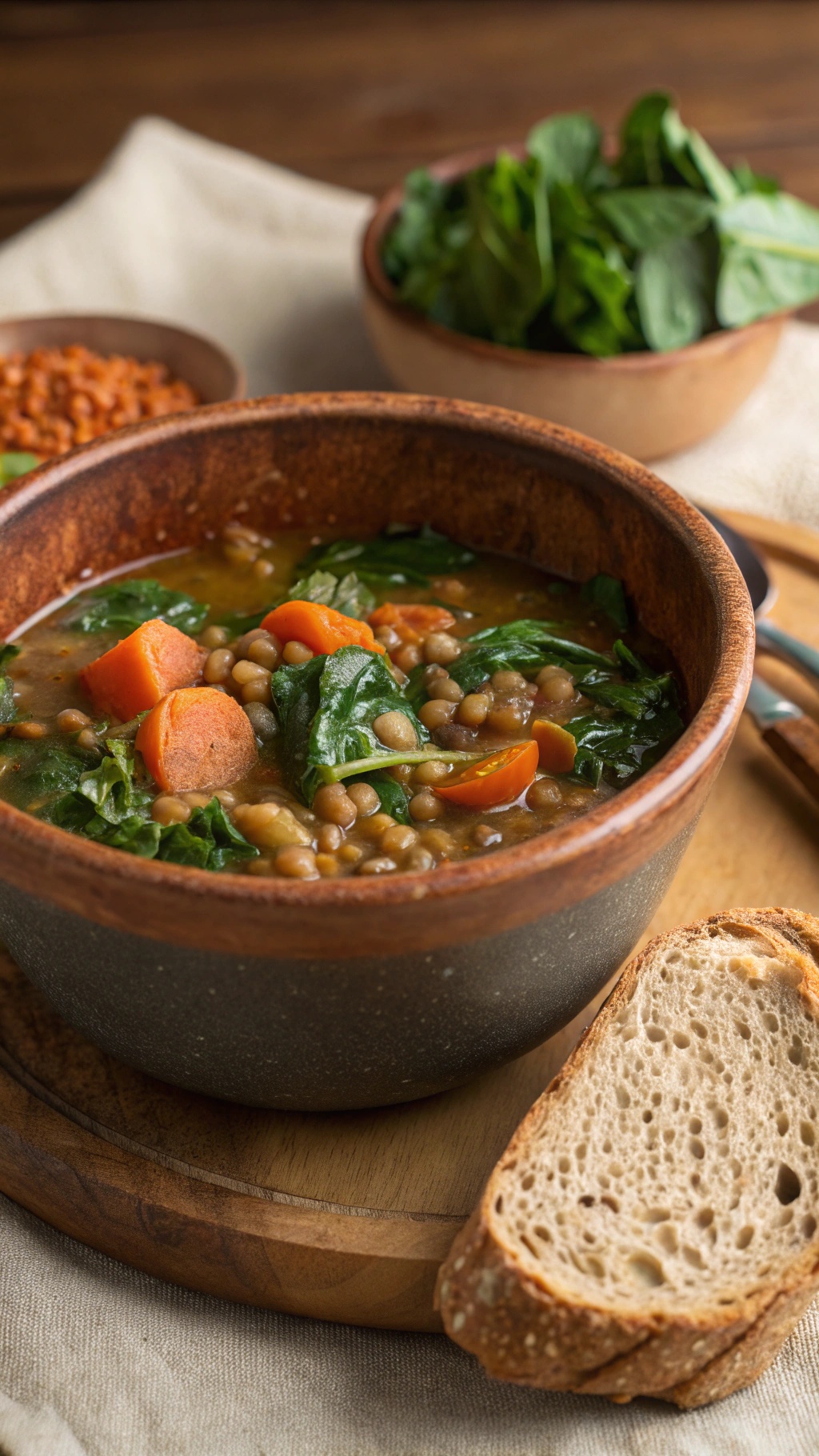 A bowl of savory lentil soup with spinach and carrots, served with a slice of bread.