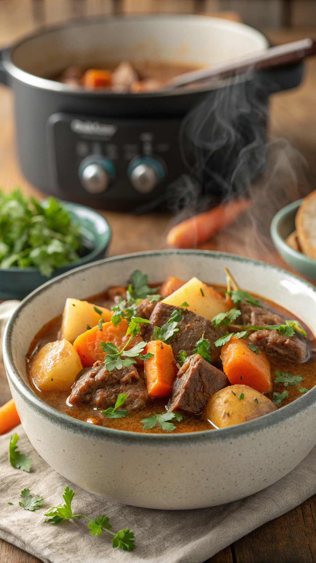 A bowl of savory low-calorie beef stew with carrots and potatoes, garnished with parsley, next to a slow cooker.