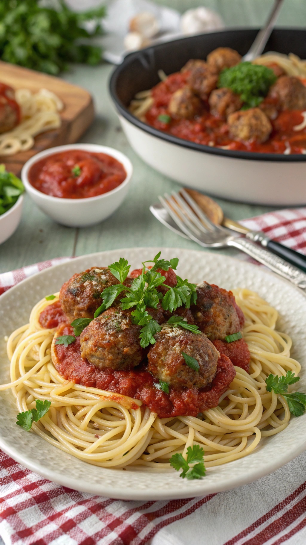A plate of gluten-free spaghetti topped with meatballs and marinara sauce, garnished with parsley.